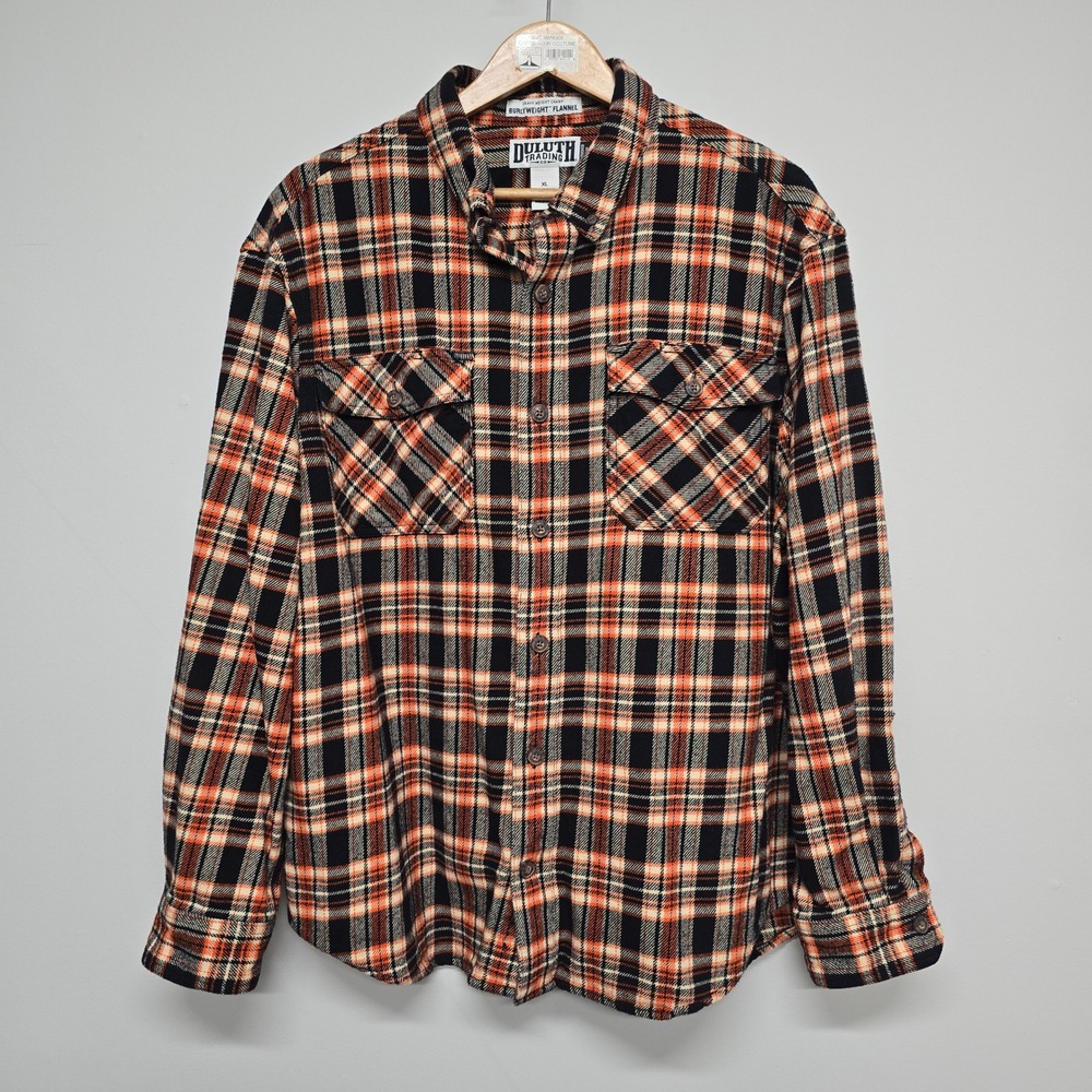Duluth Trading Co Burlyweight Flannel Shirt Mens XL Orange Black Plaid Cotton